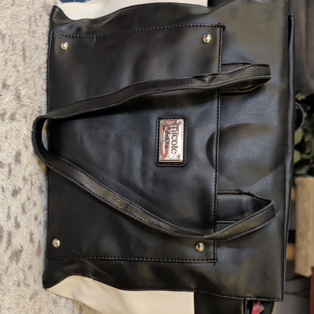 Nicole Miller Black Faux Leather Shopper Tote with Silver Plaque